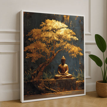 Tranquil Buddha Under Golden Tree Canvas Wall Art