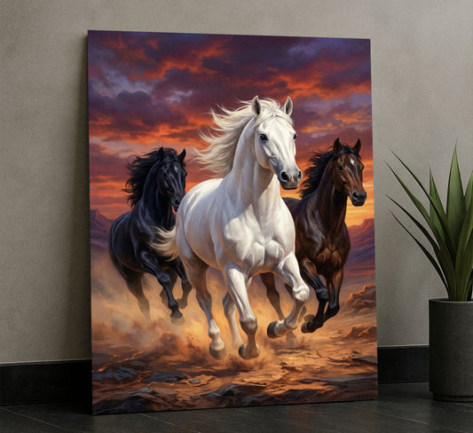 Dynamic Trio Of Galloping Horses At Sunset Canvas Wall Art