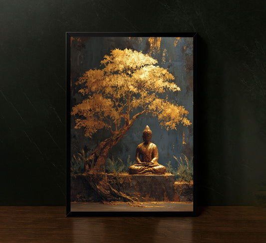 Tranquil Buddha Under Golden Tree Canvas Wall Art