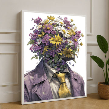 Floral Human Head In Suit Surreal Canvas Wall Art