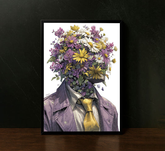 Floral Human Head In Suit Surreal Canvas Wall Art