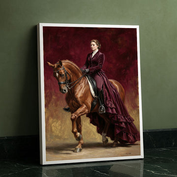 Elegant Woman In Burgundy Riding Horse Canvas Wall Art