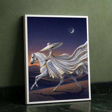 Elegant Woman In Flowing Gown On White Horse Canvas Wall Art