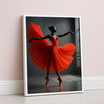 Elegant Black Ballerina In Flowing Red Dress Canvas Wall Art