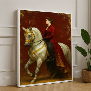 Elegant Lady In Red Riding White Horse Canvas Wall Art