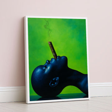 Striking Blue Woman With Cigar On Green Canvas Wall Art