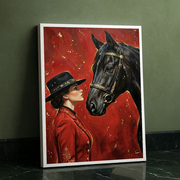 Dramatic Woman In Red Jacket With Black Horse Canvas Wall Art