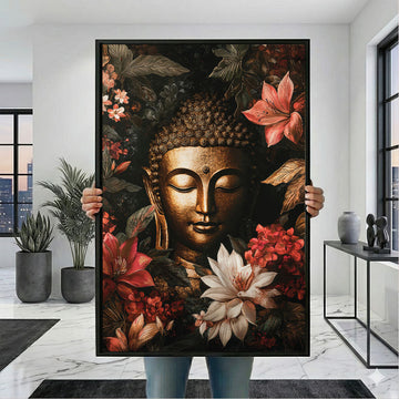Enchanting Golden Buddha With Vibrant Flowers Canvas Wall Art