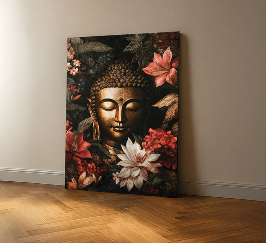 Enchanting Golden Buddha With Vibrant Flowers Canvas Wall Art