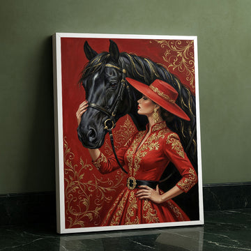 Majestic Woman In Red With Black Horse Canvas Wall Art