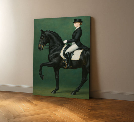 Elegant Equestrian Woman On Black Horse Canvas Wall Art
