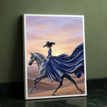 Elegant Woman On Horse In Flowing Blue Gown Canvas Wall Art