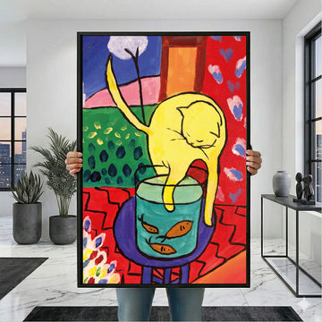 Vibrant Yellow Cat With Fishbowl Canvas Wall Art