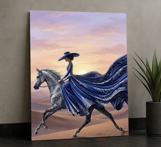 Elegant Woman On Horse In Flowing Blue Gown Canvas Wall Art
