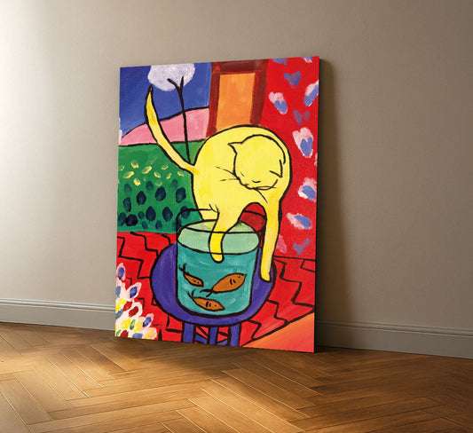 Vibrant Yellow Cat With Fishbowl Canvas Wall Art