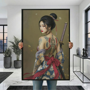 Enchanting Tattooed Samurai Woman With Sword Canvas Wall Art