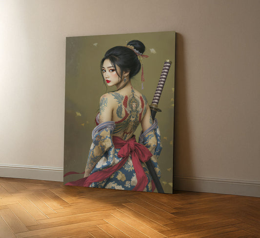 Enchanting Tattooed Samurai Woman With Sword Canvas Wall Art