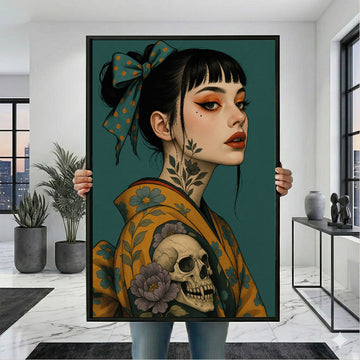 Enchanting Tattooed Woman With Skull Motif Canvas Wall Art