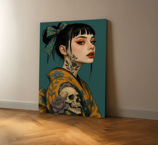 Enchanting Tattooed Woman With Skull Motif Canvas Wall Art