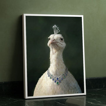 Elegant White Peacock With Jewel Necklace Canvas Wall Art