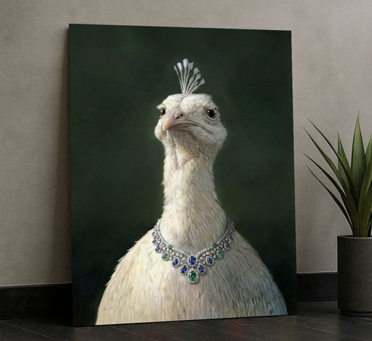 Elegant White Peacock With Jewel Necklace Canvas Wall Art