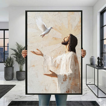 Mystical Jesus With Dove In Divine Light Canvas Wall Art