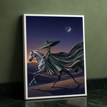 Mystical Woman In Flowing Green Dress On Horse Canvas Wall Art