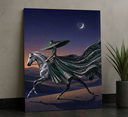 Mystical Woman In Flowing Green Dress On Horse Canvas Wall Art