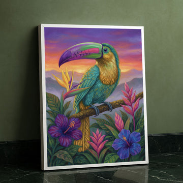 Vibrant Toucan With Tropical Flowers Canvas Wall Art