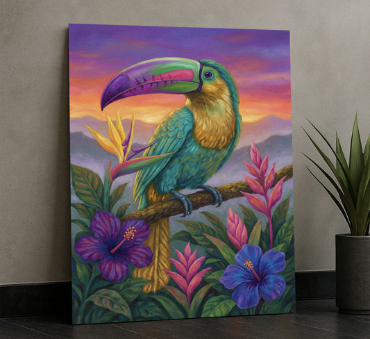 Vibrant Toucan With Tropical Flowers Canvas Wall Art