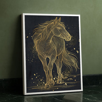 Striking Golden Horse Line Art Canvas Wall Art
