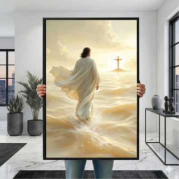 Mystical Jesus Walking On Golden Waves Canvas Wall Art