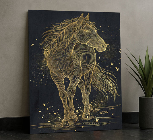 Striking Golden Horse Line Art Canvas Wall Art