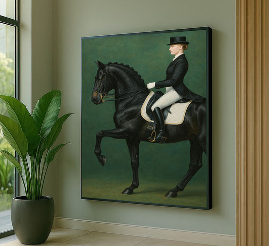 Elegant Equestrian Rider On Black Horse Canvas Wall Art