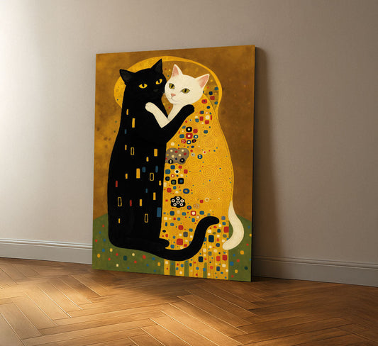 Enchanting Black And White Cats Embrace Canvas Wall Art