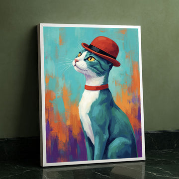 Striking Blue Cat In Red Bowler Hat Canvas Wall Art