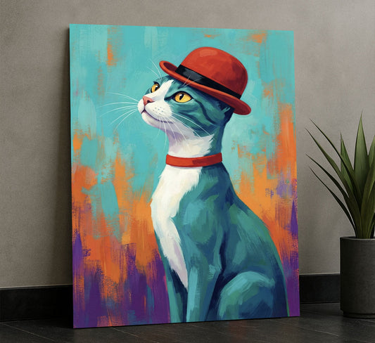 Striking Blue Cat In Red Bowler Hat Canvas Wall Art