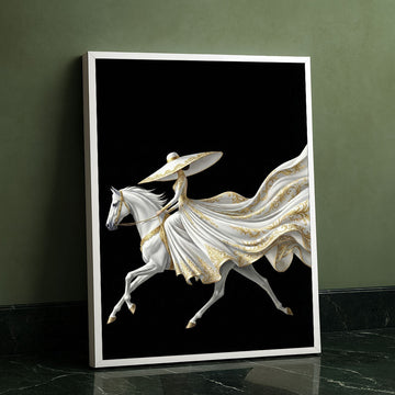 Elegant Woman In Flowing White Dress On Horse Canvas Wall Art