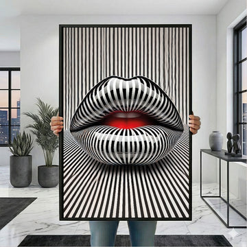 Striking Black And White Striped Lips Canvas Wall Art