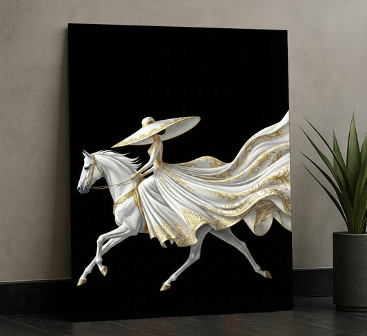 Elegant Woman In Flowing White Dress On Horse Canvas Wall Art
