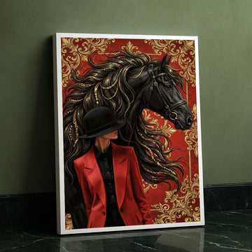 Bold Woman In Red With Black Horse Canvas Wall Art