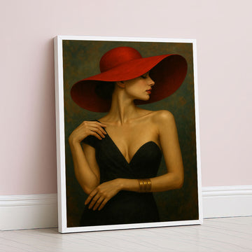 Elegant Woman In Red Hat Portrait Canvas Wall Art