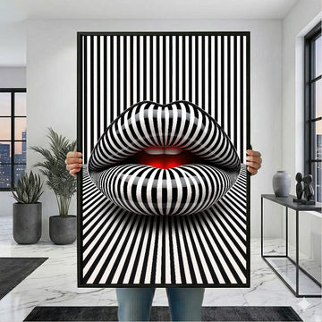 Striking Black And White Striped Lips Canvas Wall Art