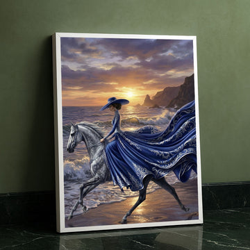 Majestic Lady In Blue Riding Horse At Sunset Canvas Wall Art