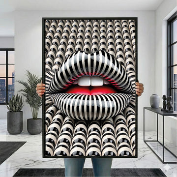Striking Black And White Striped Lips Canvas Wall Art
