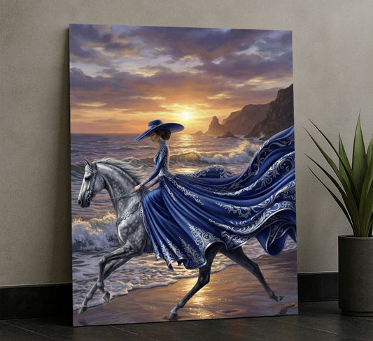 Majestic Lady In Blue Riding Horse At Sunset Canvas Wall Art