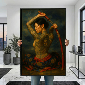 Elegant Japanese Woman with Sword Canvas Wall Art Print | Dark Toned Living Room Decor | Statement Piece