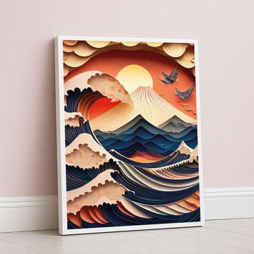 Dramatic Sunset Waves And Mountain Landscape Canvas Wall Art