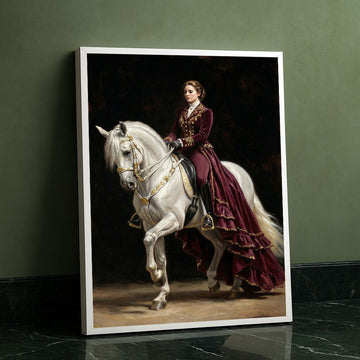 Majestic Woman In Burgundy On White Horse Canvas Wall Art