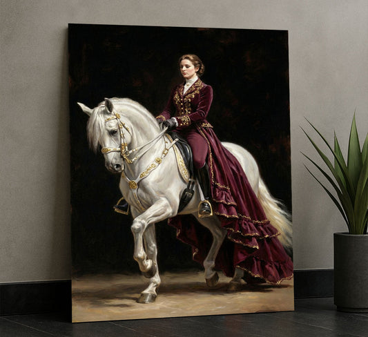 Majestic Woman In Burgundy On White Horse Canvas Wall Art